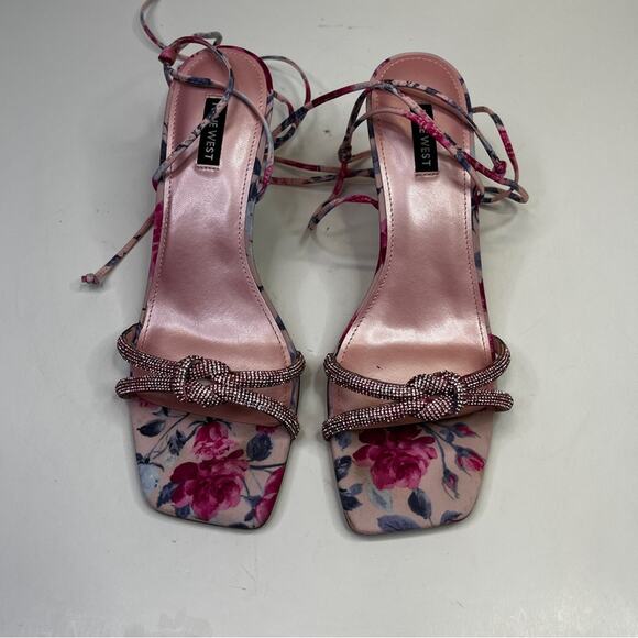Nine West Raqchel Embellished Lace Up heels pink mystic garden print - 10 - Picture 4 of 13